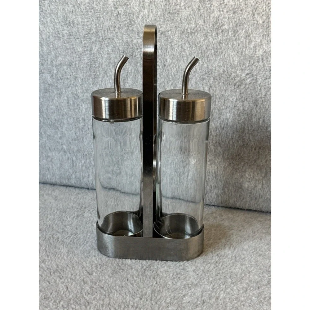 IKEA ORTFYLLD 21143 Glass Oil & Vinegar Set 8 oz w/ Stand Caddy Spouts Lids